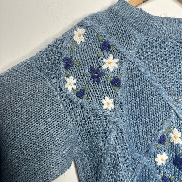 vtg 80's 90's NEEDLES & YARN floral embroidered chunky knit sweater blue size M - Picture 5 of 8